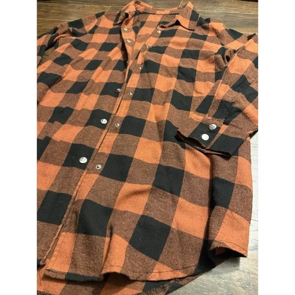 Buffalo Plaid Snap Shirt 2X Rust Black Long Sleeve Tunic Stretch Button Up Women - Picture 2 of 3
